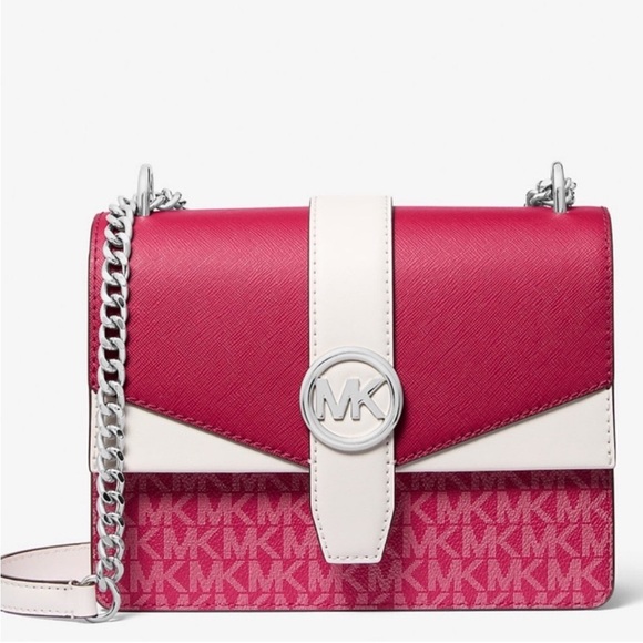 Michael Kors Greenwich Small Color-Block Signature Crossbody Bag Dark Raspberry - Picture 1 of 9